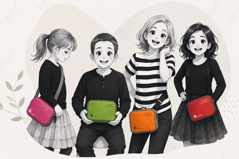 Fünf Kinder mit verschiedenen Taschen. Die Taschen sind für die Aufbewahrung eines Allergiker-Notfallsets geeignet.