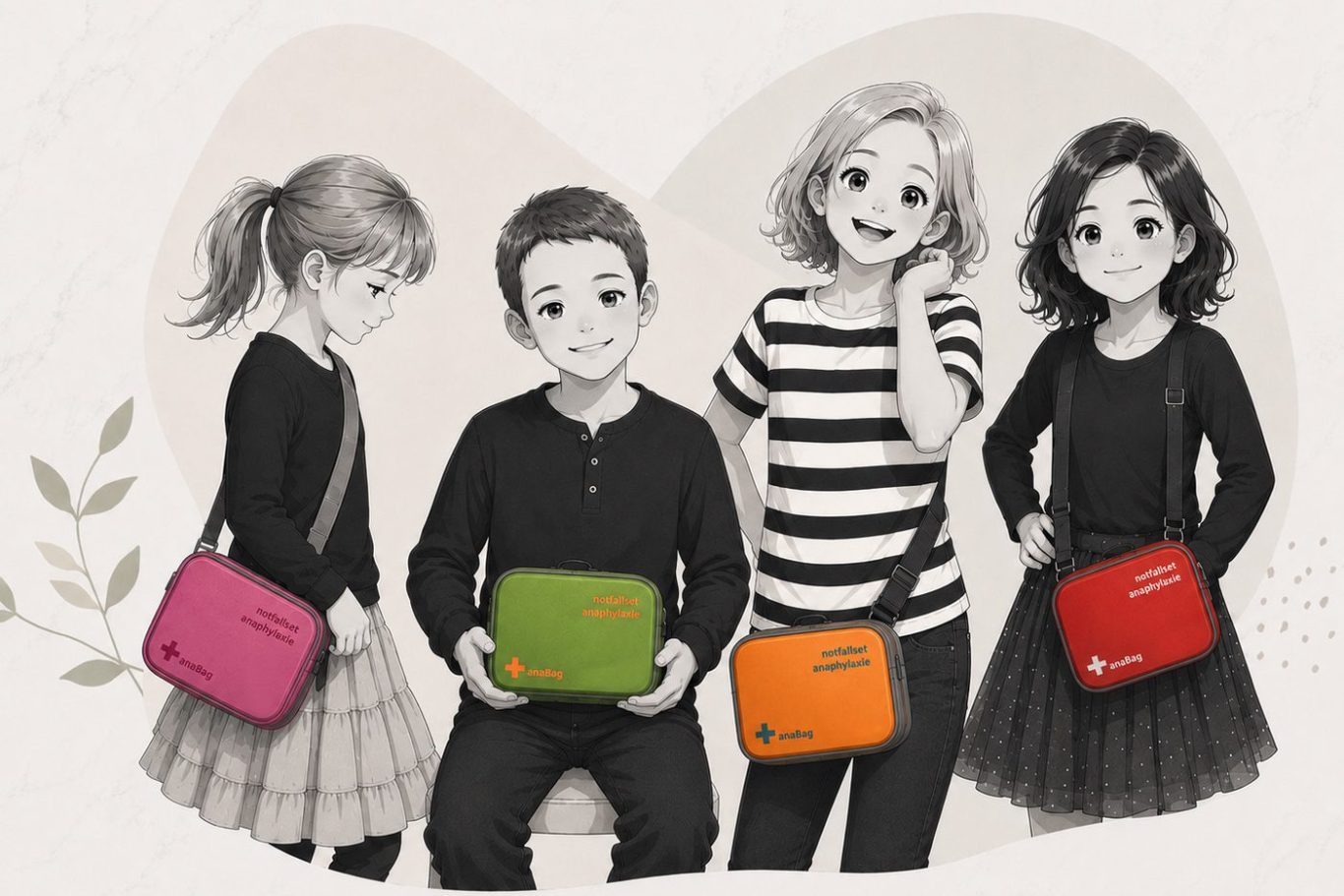 Fünf Kinder mit verschiedenen Taschen. Die Taschen sind für die Aufbewahrung eines Allergiker-Notfallsets geeignet.